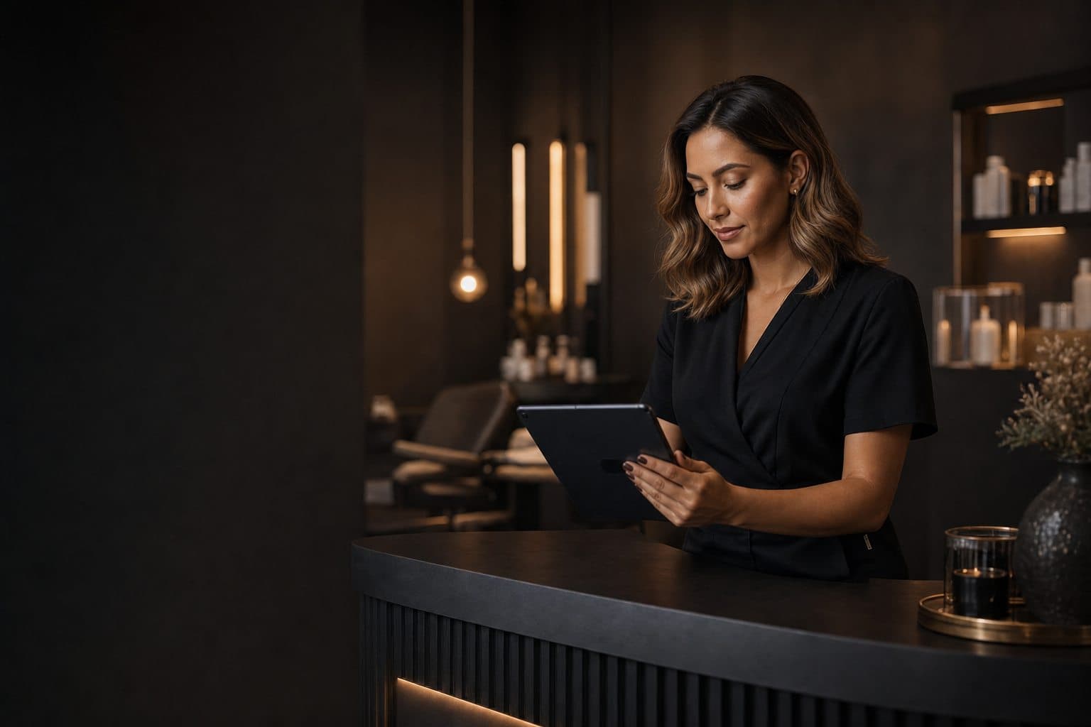 Dona de salão organizando sua agenda em um tablet